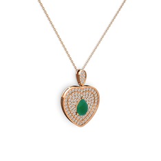 Damla Kalp Kolye - Kök zümrüt ve swarovski 925 ayar rose altın kaplama gümüş kolye (40 cm rose altın rolo zincir) #4db4hz