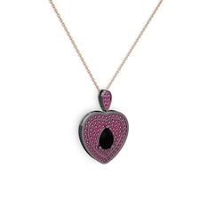 Siyah zirkon ve rodolit garnet 925 ayar siyah rodyum kaplama gümüş kolye (40 cm rose altın rolo zincir)