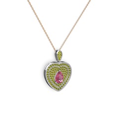 Pembe kuvars ve peridot 14 ayar beyaz altın kolye (40 cm rose altın rolo zincir)