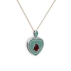 Damla Kalp Kolye - Garnet ve kök zümrüt 18 ayar beyaz altın kolye (40 cm rose altın rolo zincir) #6nhdbj