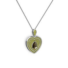 Damla Kalp Kolye - Dumanlı kuvars ve peridot 14 ayar beyaz altın kolye (40 cm gümüş rolo zincir) #7i8u9t