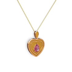 Damla Kalp Kolye - Pembe kuvars ve sitrin 18 ayar rose altın kolye (40 cm altın rolo zincir) #7vdsdf