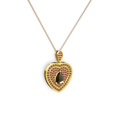 Damla Kalp Kolye - Dumanlı kuvars ve kök yakut 8 ayar altın kolye (40 cm rose altın rolo zincir) #88sr07