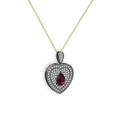 Damla Kalp Kolye - Rodolit garnet ve beyaz zirkon 925 ayar siyah rodyum kaplama gümüş kolye (40 cm gümüş rolo zincir) #8gy9ec