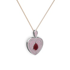 Kök yakut ve pembe kuvars 18 ayar beyaz altın kolye (40 cm rose altın rolo zincir)