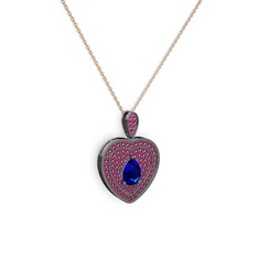 Damla Kalp Kolye - Lab safir ve rodolit garnet 925 ayar siyah rodyum kaplama gümüş kolye (40 cm rose altın rolo zincir) #b5k3yd