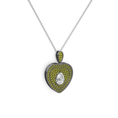 Damla Kalp Kolye - Beyaz zirkon ve peridot 925 ayar siyah rodyum kaplama gümüş kolye (40 cm beyaz altın rolo zincir) #ctisla