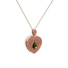Peridot ve kök yakut 8 ayar rose altın kolye (40 cm rose altın rolo zincir)