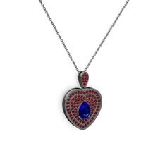 Damla Kalp Kolye - Lab safir ve garnet 925 ayar siyah rodyum kaplama gümüş kolye (40 cm gümüş rolo zincir) #df30l9