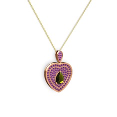 Damla Kalp Kolye - Peridot ve ametist 8 ayar rose altın kolye (40 cm altın rolo zincir) #e1bgox