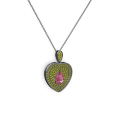 Damla Kalp Kolye - Pembe kuvars ve peridot 925 ayar siyah rodyum kaplama gümüş kolye (40 cm gümüş rolo zincir) #e25x2