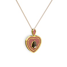 Damla Kalp Kolye - Dumanlı kuvars ve rodolit garnet 18 ayar altın kolye (40 cm rose altın rolo zincir) #em644w