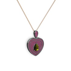 Damla Kalp Kolye - Peridot ve rodolit garnet 925 ayar siyah rodyum kaplama gümüş kolye (40 cm rose altın rolo zincir) #grd8h7