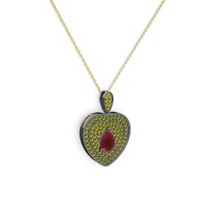 Kök yakut ve peridot 925 ayar siyah rodyum kaplama gümüş kolye (40 cm altın rolo zincir)