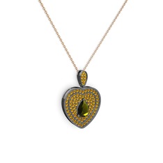 Damla Kalp Kolye - Peridot ve sitrin 925 ayar siyah rodyum kaplama gümüş kolye (40 cm rose altın rolo zincir) #h5ipfa