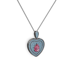 Damla Kalp Kolye - Pembe kuvars ve akuamarin 925 ayar siyah rodyum kaplama gümüş kolye (40 cm gümüş rolo zincir) #i1pehx