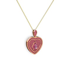 Pembe kuvars ve rodolit garnet 925 ayar rose altın kaplama gümüş kolye (40 cm altın rolo zincir)