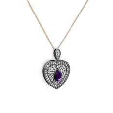 Damla Kalp Kolye - Ametist ve swarovski 925 ayar siyah rodyum kaplama gümüş kolye (40 cm rose altın rolo zincir) #jgd996