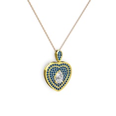 Damla Kalp Kolye - Swarovski ve lab safir 8 ayar altın kolye (40 cm rose altın rolo zincir) #k8e742