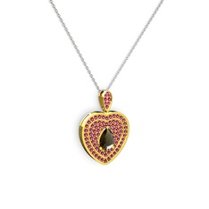 Damla Kalp Kolye - Dumanlı kuvars ve rodolit garnet 14 ayar altın kolye (40 cm gümüş rolo zincir) #l1em2f