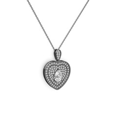 Damla Kalp Kolye - Beyaz zirkon ve swarovski 925 ayar siyah rodyum kaplama gümüş kolye (40 cm gümüş rolo zincir) #m668el