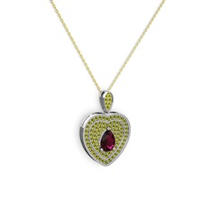 Damla Kalp Kolye - Rodolit garnet ve peridot 8 ayar beyaz altın kolye (40 cm altın rolo zincir) #o7ph14