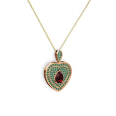 Damla Kalp Kolye - Garnet ve kök zümrüt 8 ayar rose altın kolye (40 cm altın rolo zincir) #pnrb3q