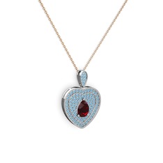 Garnet ve akuamarin 8 ayar beyaz altın kolye (40 cm rose altın rolo zincir)