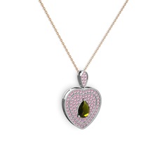 Peridot ve pembe kuvars 8 ayar beyaz altın kolye (40 cm rose altın rolo zincir)