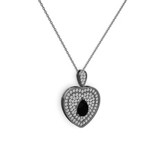 Damla Kalp Kolye - Siyah zirkon ve swarovski 925 ayar siyah rodyum kaplama gümüş kolye (40 cm gümüş rolo zincir) #s46dmt