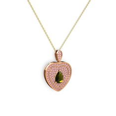 Damla Kalp Kolye - Peridot ve pembe kuvars 18 ayar rose altın kolye (40 cm gümüş rolo zincir) #sn5sd9