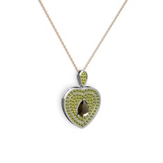 Dumanlı kuvars ve peridot 8 ayar beyaz altın kolye (40 cm rose altın rolo zincir)