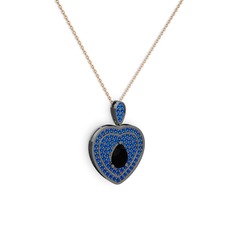 Damla Kalp Kolye - Siyah zirkon ve lab safir 925 ayar siyah rodyum kaplama gümüş kolye (40 cm rose altın rolo zincir) #t5971p