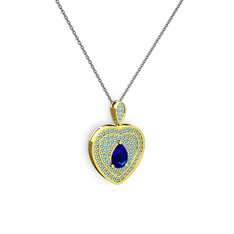 Lab safir ve akuamarin 18 ayar altın kolye (40 cm gümüş rolo zincir)