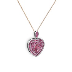 Damla Kalp Kolye - Pembe kuvars ve rodolit garnet 14 ayar beyaz altın kolye (40 cm rose altın rolo zincir) #x9c267