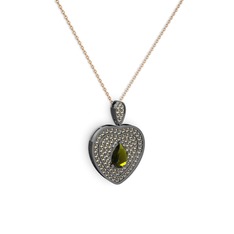 Peridot ve dumanlı kuvars 925 ayar siyah rodyum kaplama gümüş kolye (40 cm rose altın rolo zincir)