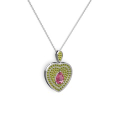 Pembe kuvars ve peridot 18 ayar beyaz altın kolye (40 cm beyaz altın rolo zincir)