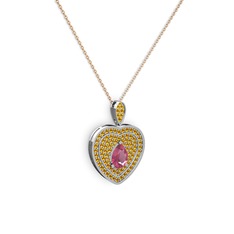 Damla Kalp Kolye - Pembe kuvars ve sitrin 14 ayar beyaz altın kolye (40 cm rose altın rolo zincir) #zh80y1
