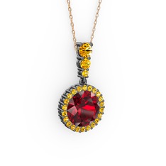 Garnet ve sitrin 925 ayar siyah rodyum kaplama gümüş kolye (40 cm gümüş rolo zincir)
