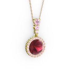 Kök yakut ve pembe kuvars 18 ayar altın kolye (40 cm rose altın rolo zincir)