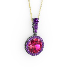 Rodolit garnet ve ametist 925 ayar siyah rodyum kaplama gümüş kolye (40 cm gümüş rolo zincir)