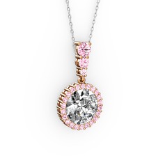 Beyaz zirkon ve pembe kuvars 18 ayar rose altın kolye (40 cm beyaz altın rolo zincir)