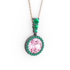 Lavinya Kolye - Pembe kuvars ve kök yakut 925 ayar siyah rodyum kaplama gümüş kolye (40 cm rose altın rolo zincir) #14g6pl9