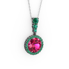 Rodolit garnet ve yeşil kuvars 925 ayar siyah rodyum kaplama gümüş kolye (40 cm beyaz altın rolo zincir)