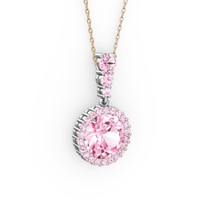 Lavinya Kolye - Pembe kuvars 18 ayar beyaz altın kolye (40 cm rose altın rolo zincir) #15g4aof