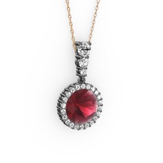 Kök yakut ve beyaz zirkon 925 ayar siyah rodyum kaplama gümüş kolye (40 cm rose altın rolo zincir)