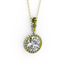 Beyaz zirkon ve peridot 14 ayar beyaz altın kolye (40 cm altın rolo zincir)