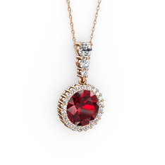 Garnet ve beyaz zirkon 14 ayar rose altın kolye (40 cm rose altın rolo zincir)