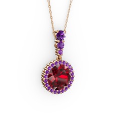 Garnet ve ametist 14 ayar rose altın kolye (40 cm rose altın rolo zincir)