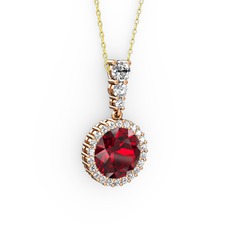 Garnet ve beyaz zirkon 925 ayar rose altın kaplama gümüş kolye (40 cm altın rolo zincir)